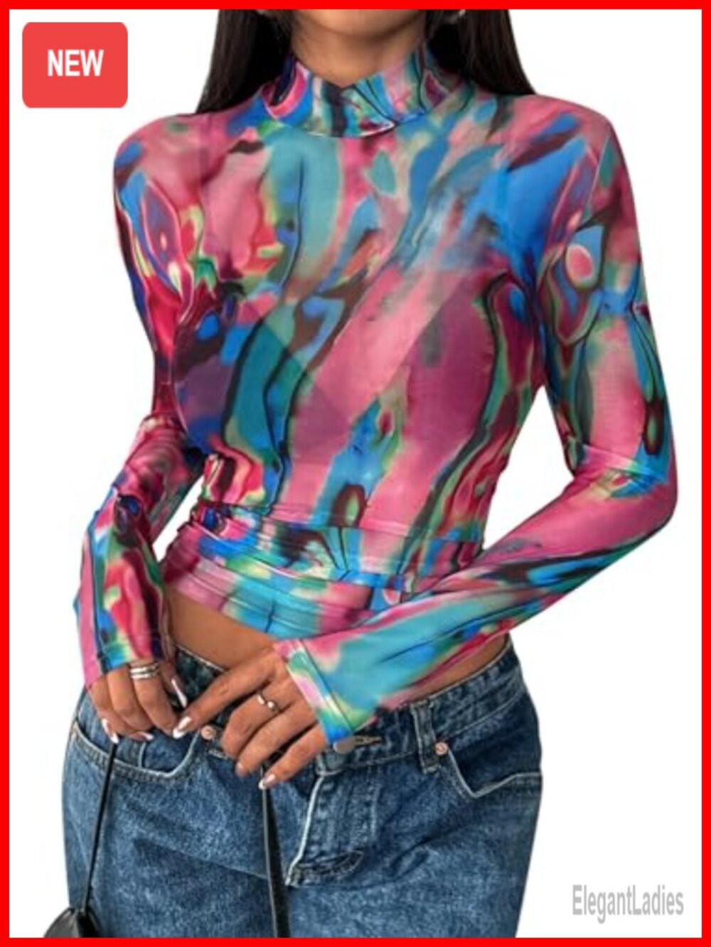 Womens Mesh Long Sleeve Crop Top Sheer Mock Neck Slim Fit